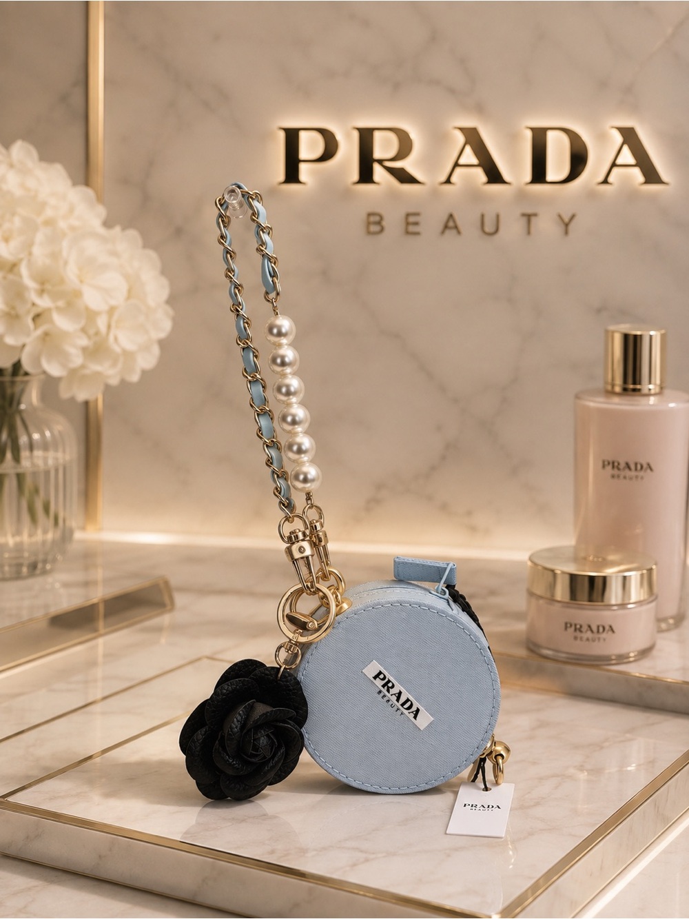 Prada Beauty Light Blue Round Pouch with gold chain Pearl Strap - Picture 2 of 8